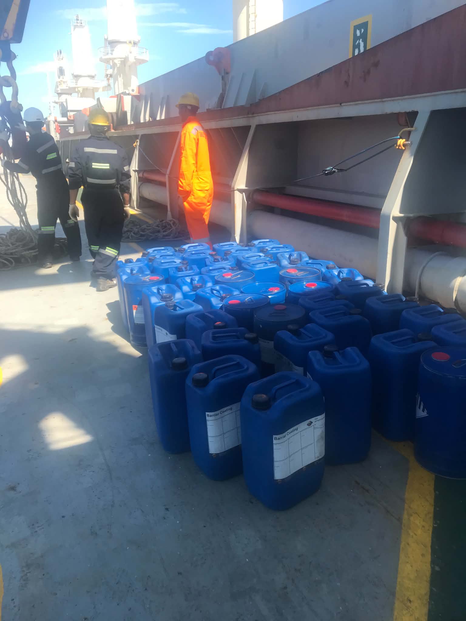 Barrier Coating drums delivered to a vessel's deck